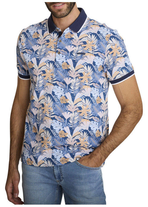 Polo en coton bleu à coupe droite pourvu d'un col à revers contrasté