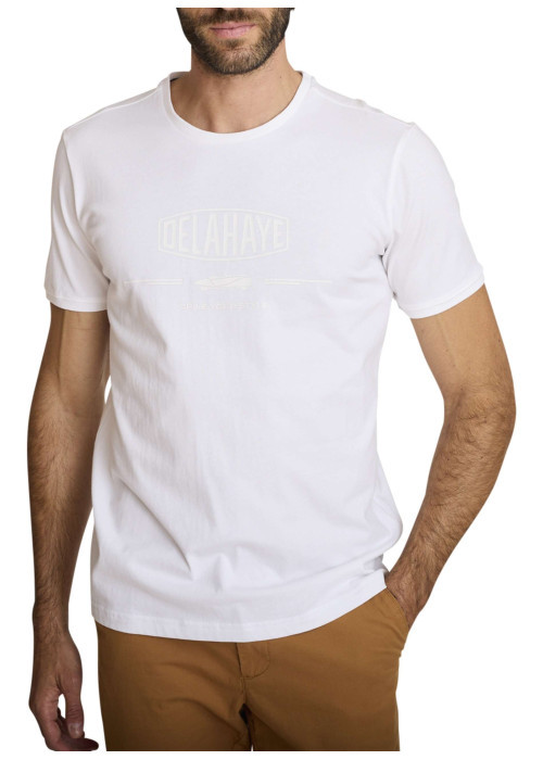T-shirt en coton blanc à coupe droite pourvu d'un col rond texturé