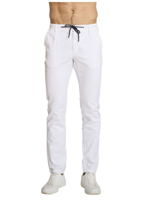 Pantalon chino en coton et lin mélangé blanc pourvu d'une taille élastiquée
