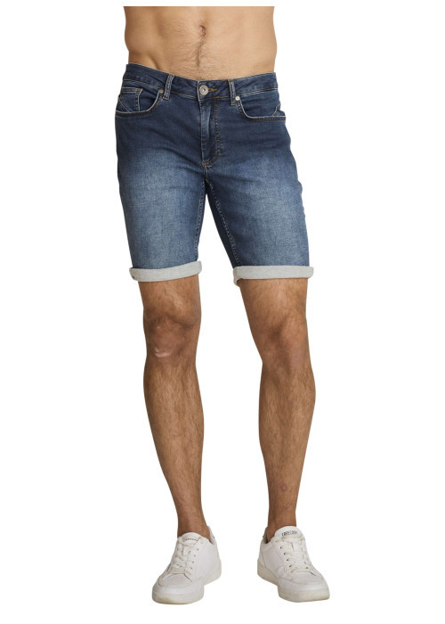 Short en coton indigo à revers pourvu de coutures contrastées