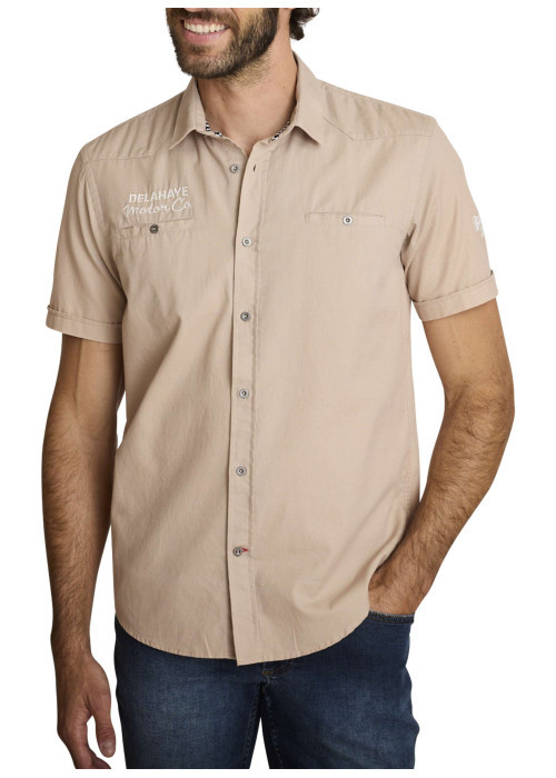 Chemise en coton beige à coupe droite pourvue d'un col à revers