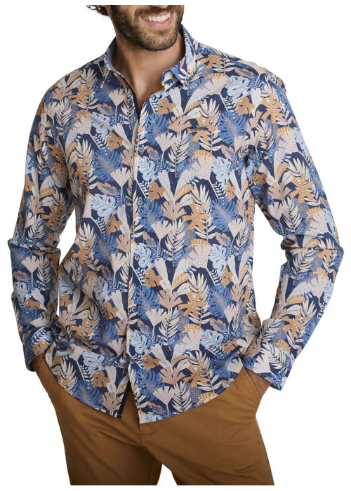 Chemise en coton bleue à coupe ajustée pourvue d'un col à revers