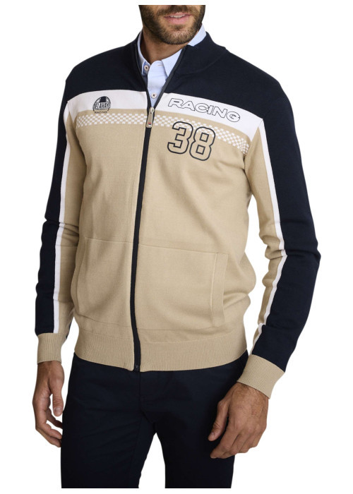 Gilet beige à coupe ajustée pourvu de manches longues tricolores