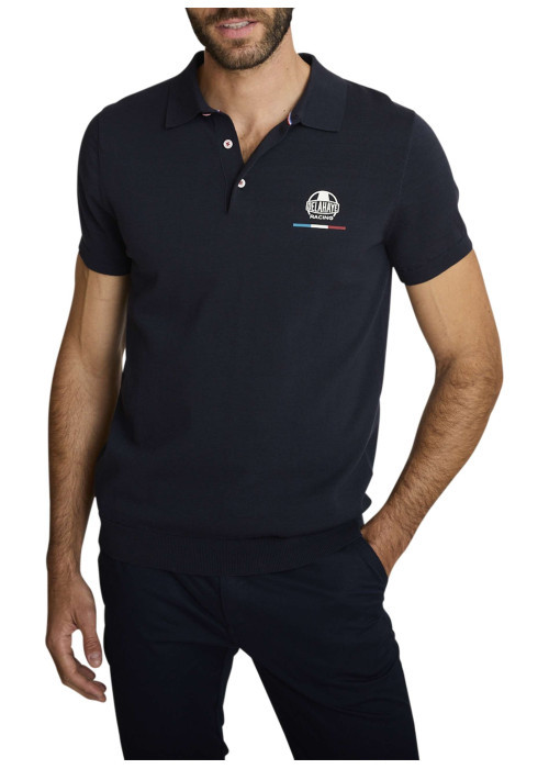 Polo en coton marine à coupe droite pourvu d'un col boutonné