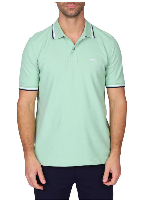 Polo en coton biologique vert d'eau uni avec une coupe droite et un col boutonné