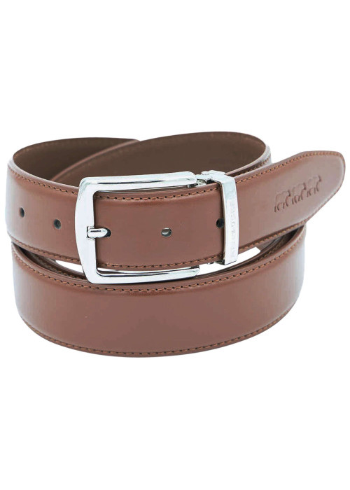 Ceinture en cuir marron uni avec un logo embossé et une boucle métallique