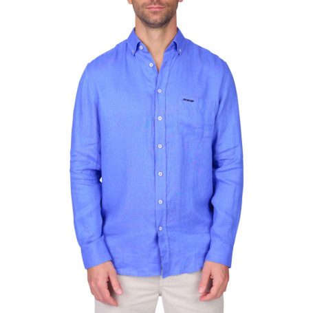 Chemise en lin bleue unie avec une coupe droite...