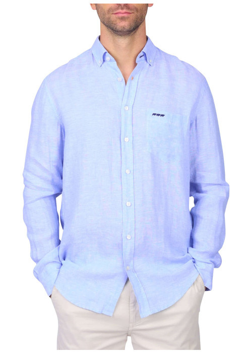 Chemise en lin bleu ciel unie avec une coupe droite et un col boutonné