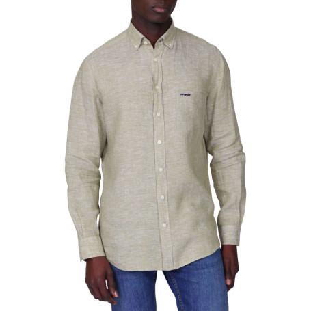 Chemise en lin kaki unie avec une coupe droite...