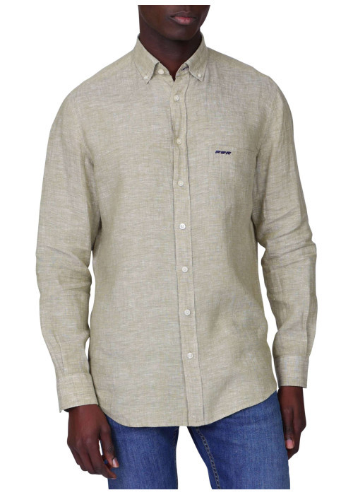 Chemise en lin kaki unie avec une coupe droite et un col boutonné