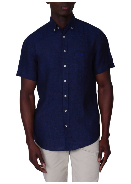 Chemise en lin indigo unie avec une coupe droite et un col boutonné