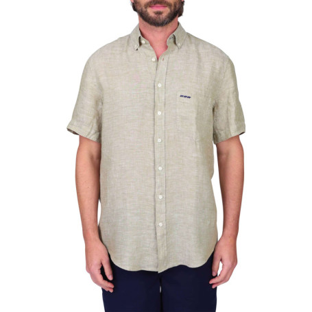 Chemise en lin kaki unie avec une coupe droite...