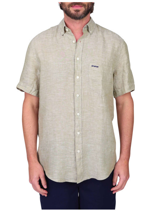 Chemise en lin kaki unie avec une coupe droite et un col boutonné