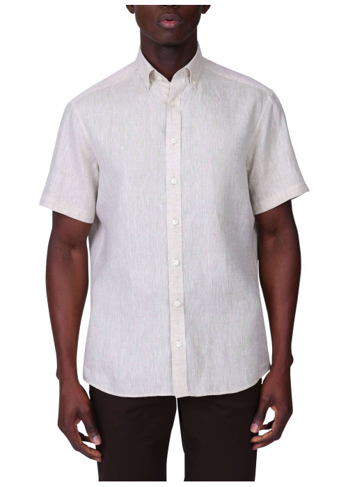Chemise en lin beige unie avec une coupe droite et un col boutonné