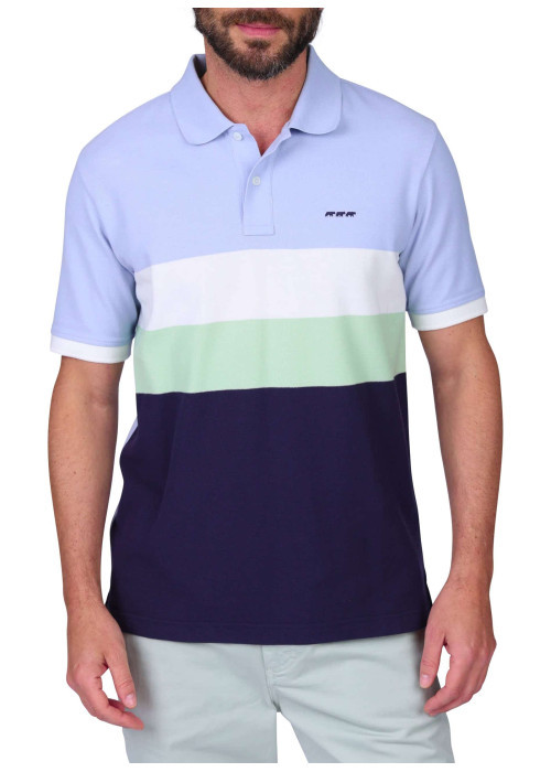 Polo en coton biologique bleu ciel à rayures avec une coupe droite