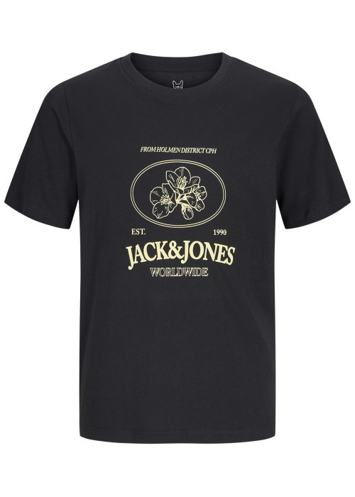 T-shirt en coton biologique noir imprimé avec une coupe droite et un col rond