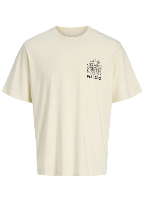 T-shirt en coton biologique beige imprimé avec une coupe droite et un col rond