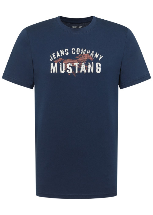 T-shirt en coton bleu à imprimé avec une coupe droite et un col rond