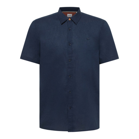 Chemise bleue unie en coton et lin mélangé avec...