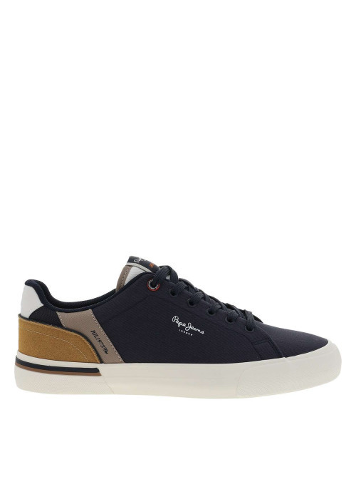 Tennis bleu marine avec un talon plat et des lacets tressés