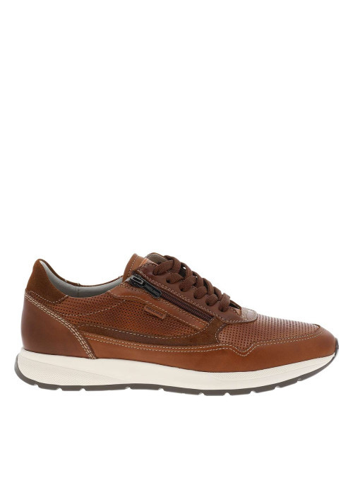 Sneakers cognac en cuir à talon plat avec des lacets et un zip latéral