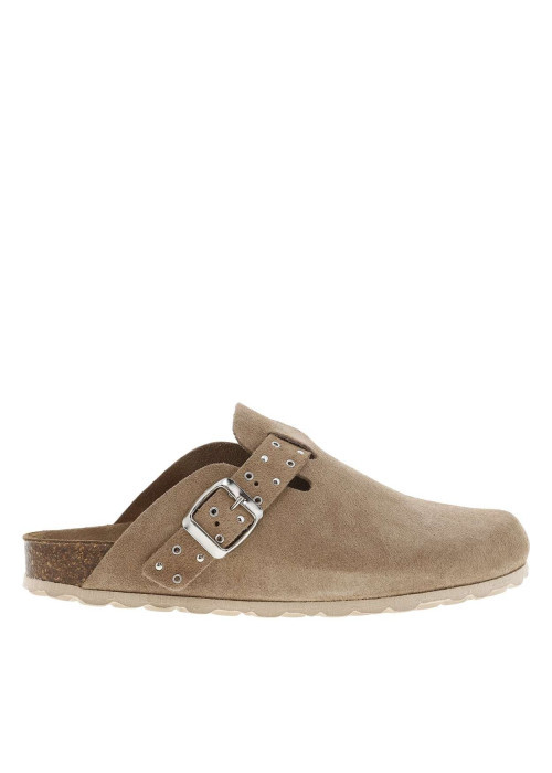 Mules en cuir taupe style sabot avec une boucle à ardillon et clous décoratifs