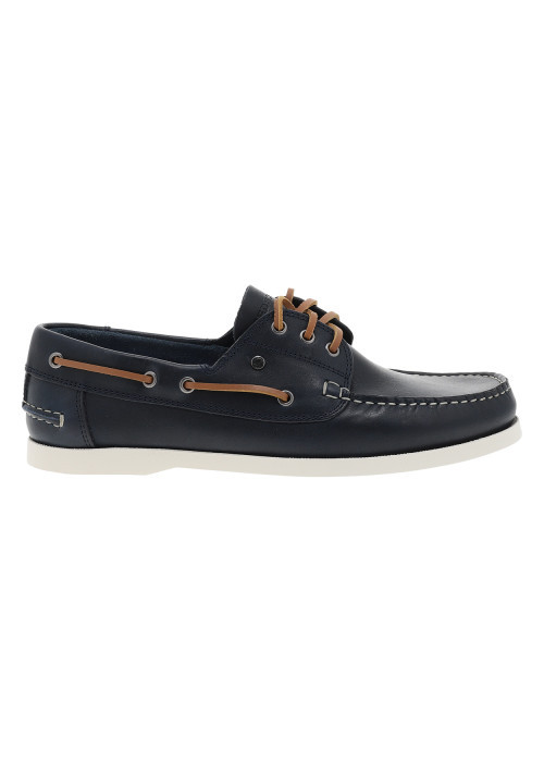 Mocassins bleu marine en cuir avec un talon plat et des lacets