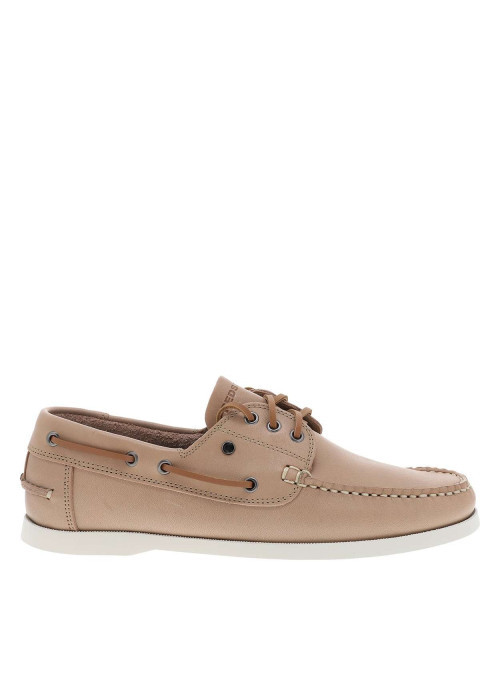 Mocassins sable en cuir sable avec un talon plat et des lacets