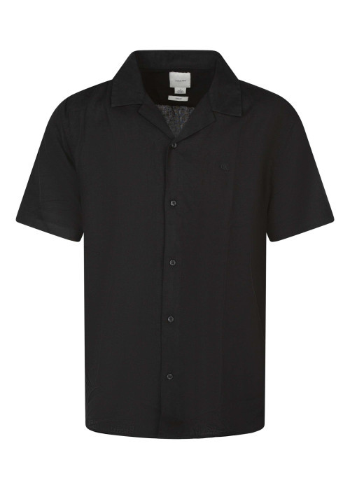 Chemise noire à coupe droite pourvue d'un col cubain et de manches courtes