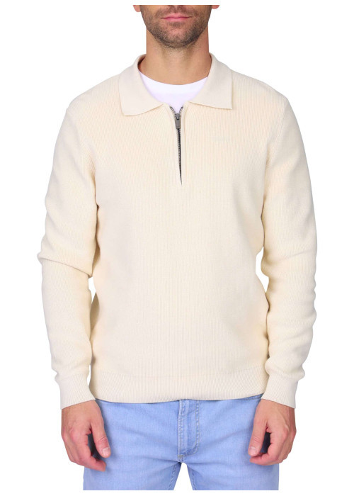 Pull en coton écru à coupe droite pourvu d'un col à revers zippé