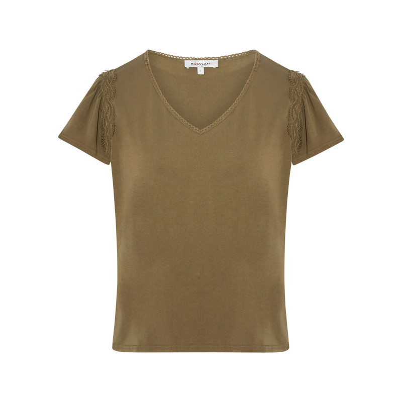 Morgan - T-shirt Kaki à Coupe Droite Pourvu D'un Col V Et De Manches Courtes - Vert Morgan - T-shirt Kaki à Coupe Droite Pourvu D'un Col V Et De Manches Courtes - Vert