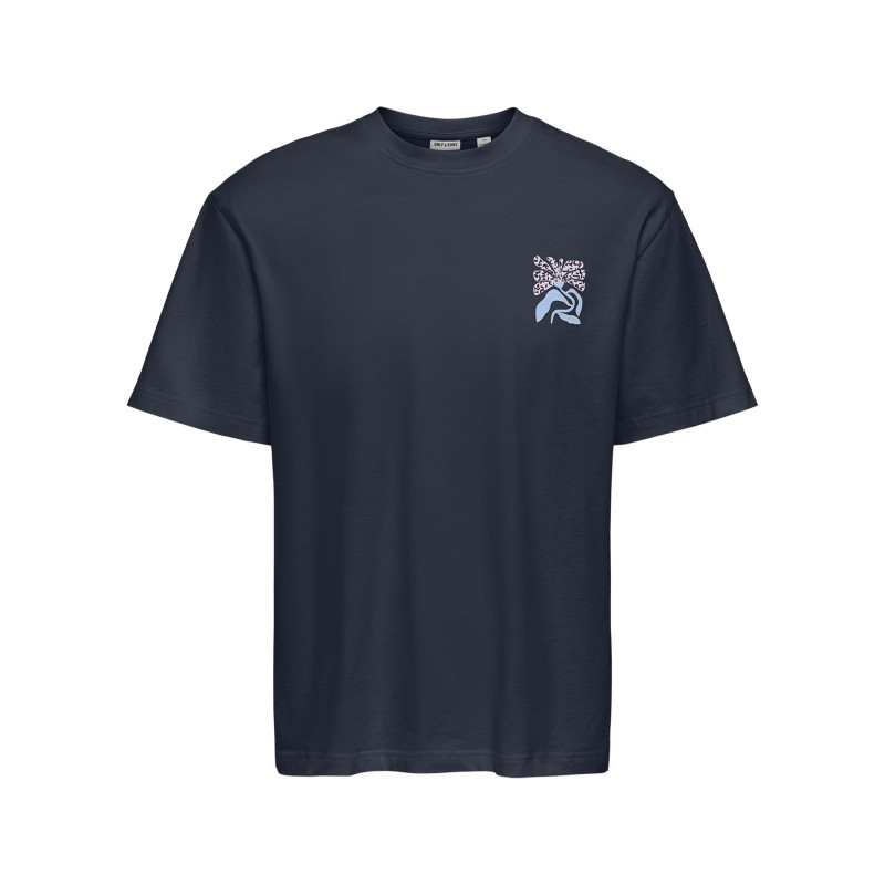 Only&sons - T-shirt En Coton Biologique Marine Uni Pourvu D'un Imprimé Fleur - Bleu Foncé Only&sons - T-shirt En Coton Biologique Marine Uni Pourvu D'un Imprimé Fleur - Bleu Foncé