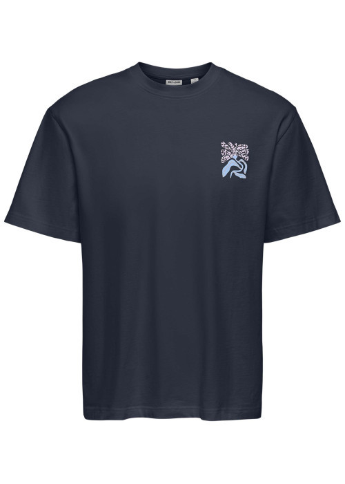 T-shirt en coton biologique marine uni pourvu d'un imprimé fleur
