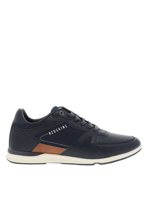 Sneakers bleu marine à talon plat avec un patch de la marque sur la languette
