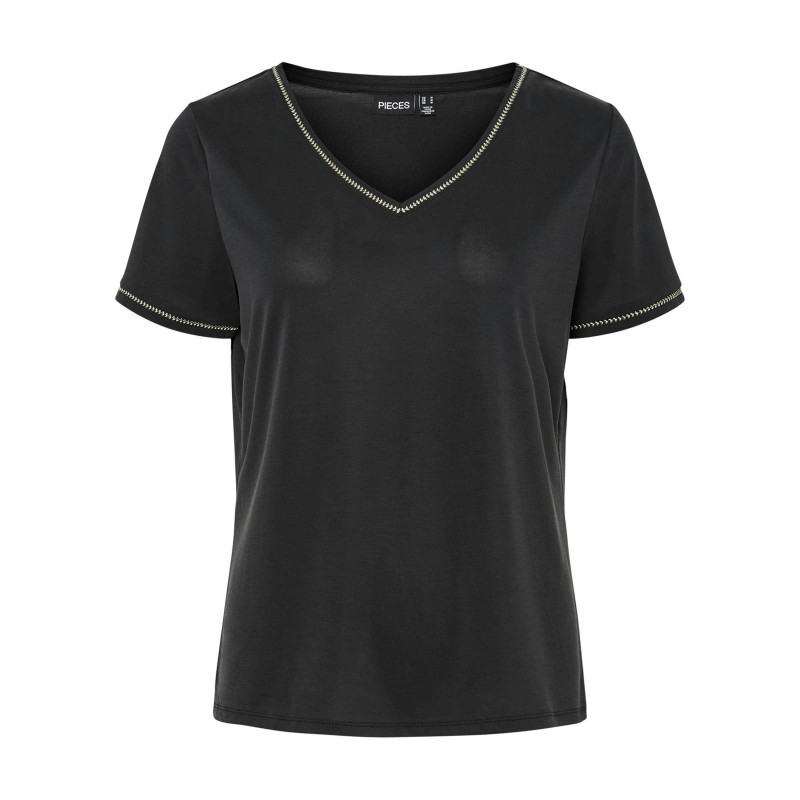 Pieces - T-shirt Noir à Coupe Droite Pourvu D'un Col V Et De Manches Courtes - Noir Pieces - T-shirt Noir à Coupe Droite Pourvu D'un Col V Et De Manches Courtes - Noir