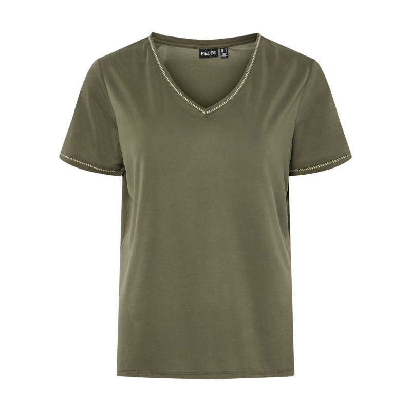 Pieces - T-shirt Kaki à Coupe Droite Pourvu D'un Col V Et De Manches Courtes - Vert Pieces - T-shirt Kaki à Coupe Droite Pourvu D'un Col V Et De Manches Courtes - Vert
