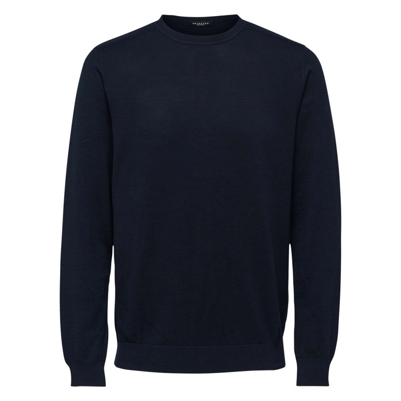 Selected Homme - Pull En Coton Marine Uni Pourvu D'une Coupe Droite Et D'un Col Rond - Bleu Foncé