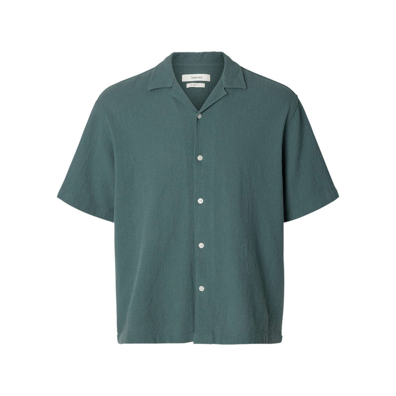 Selected Homme - Chemise En Coton Verte Unie Pourvue D'une Coupe Droite Et D'un Col Cubain - Vert Selected Homme - Chemise En Coton Verte Unie Pourvue D'une Coupe Droite Et D'un Col Cubain - Vert