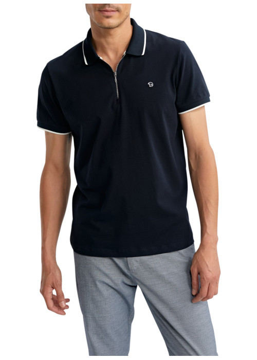 Polo en coton marine uni pourvu de manches courtes et d'un col zippé