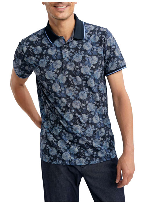 Polo marine floral pourvu de manches courtes et d'un col boutonné