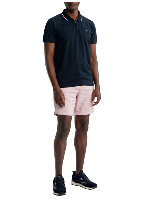 Polo en coton marine uni pourvu d'un col zippé et de manches courtes
