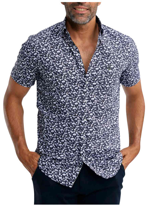 Chemise en coton marine florale pourvue d'une coupe droite et d'un col français