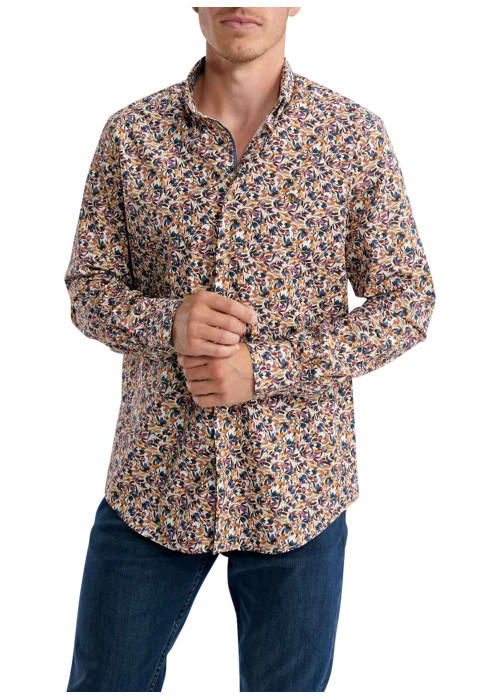 Chemise en coton orange florale pourvue d'une coupe slim et d'un col français