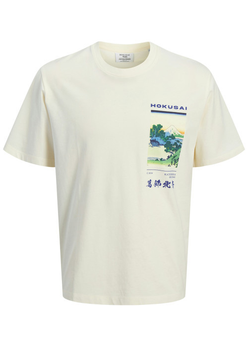 T-shirt en coton écru à coupe droite pourvu d'un col rond côtelé
