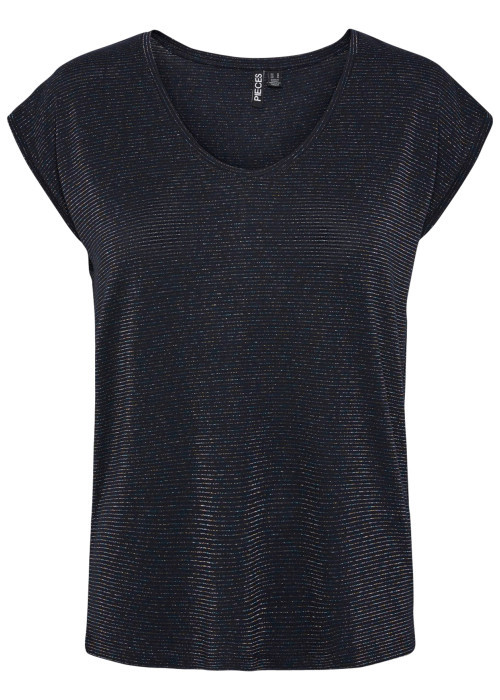 T-shirt marine à rayures avec une coupe loose un col v et détail lurex