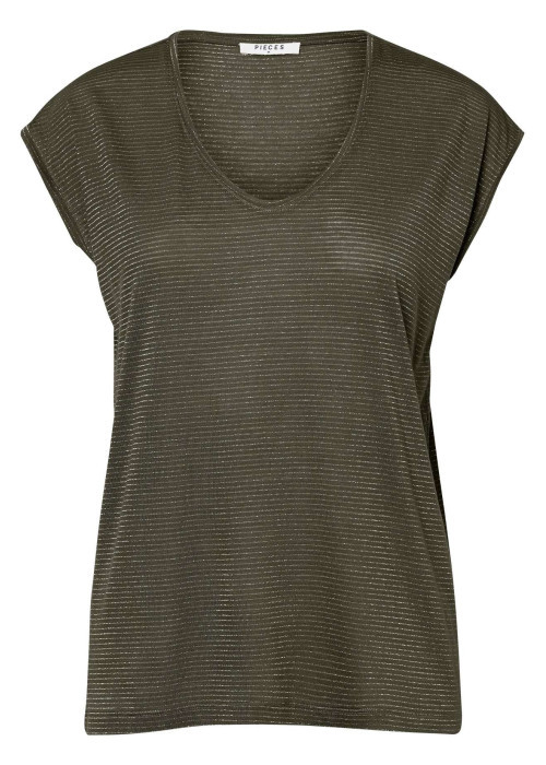 T-shirt kaki à rayures avec une coupe droite et...