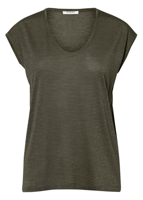 T-shirt kaki à rayures avec une coupe droite et des manches courtes