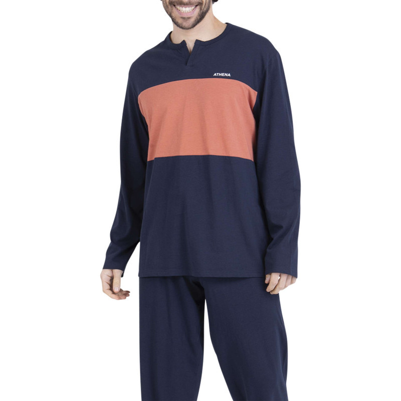 Athéna - Pyjama Long En Coton Marine Uni Pourvu D'une Coupe Droite Et D'un Col Tunisien - Bleu Foncé Athéna - Pyjama Long En Coton Marine Uni Pourvu D'une Coupe Droite Et D'un Col Tunisien - Bleu Foncé