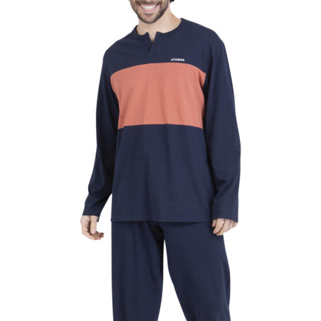 Pyjama long en coton marine uni pourvu d'une...