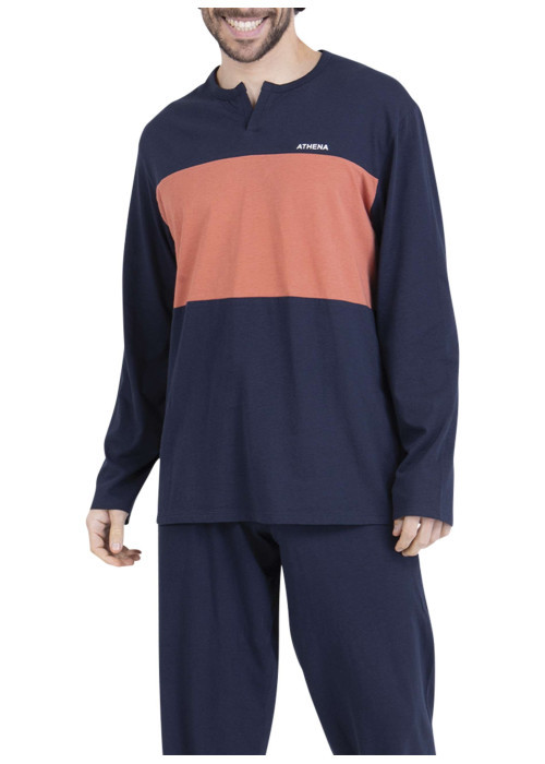 Pyjama long en coton marine uni pourvu d'une coupe droite et d'un col tunisien